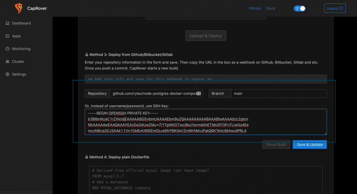 Deploy from Github screen in CapRover with SSH Key filled in