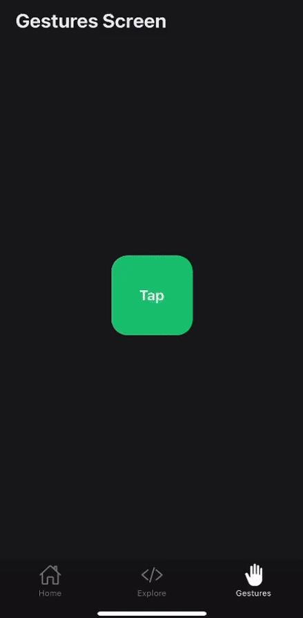 React Native Gesture Handler Tap Gesture Demo Showing Square With Rounded Corners Changing Color Upon Tap With Popup Alert Showing What Kind Of Tap Was Successfully Detected