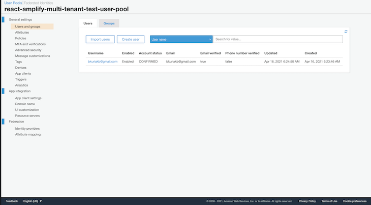 The Cognito User Pool for Our App