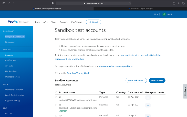 Sandbox Test Accounts Page