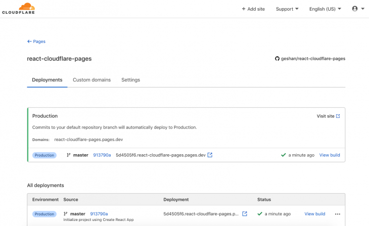 Screenshot of github repo successfully deployed in Cloudflare pages