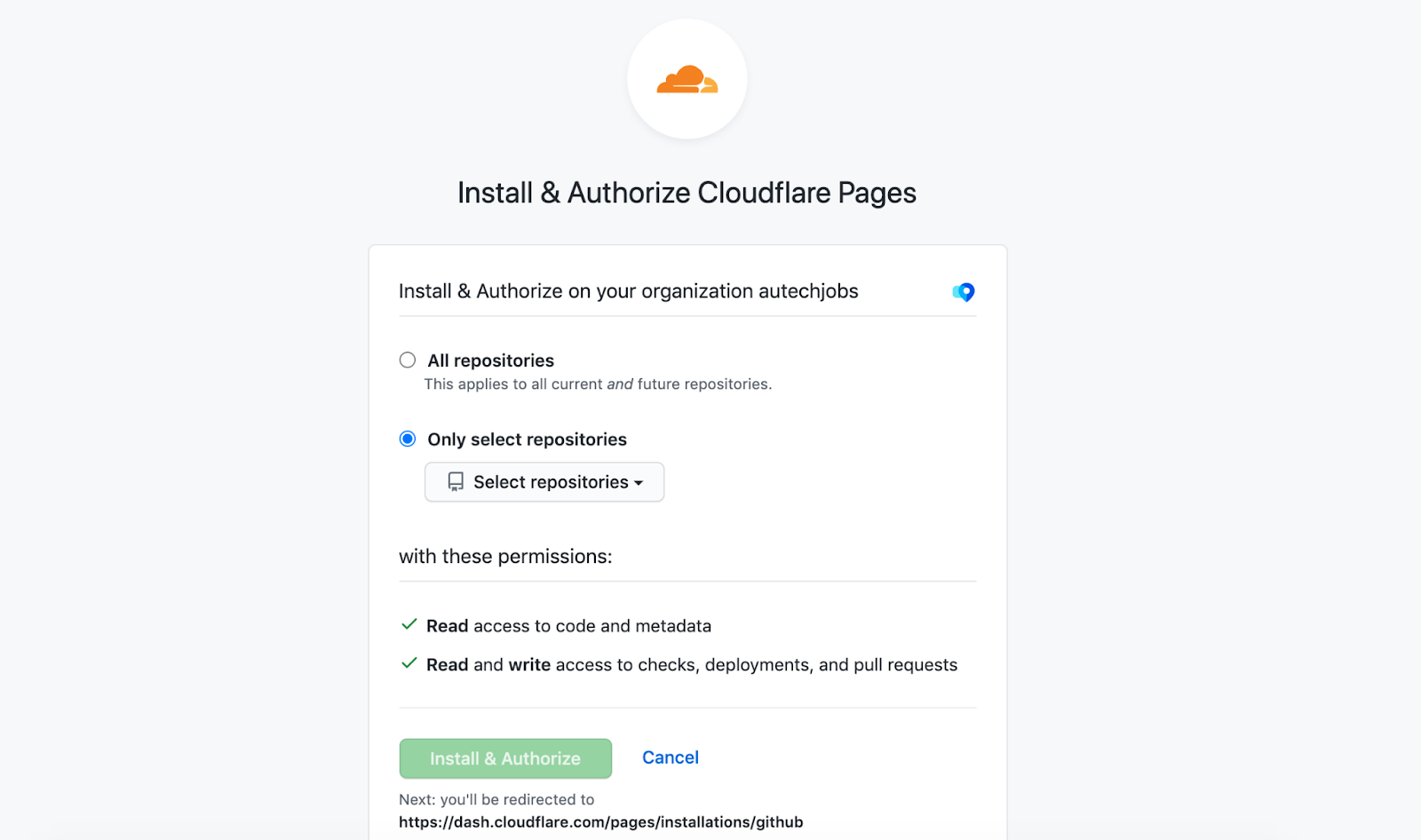Screenshot of Github install and authorize Cloudflare pages tab