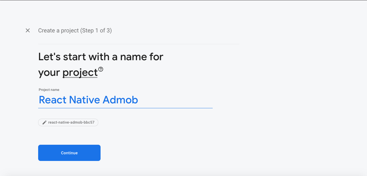 Screenshot of name your project step in Firebase create a project flow