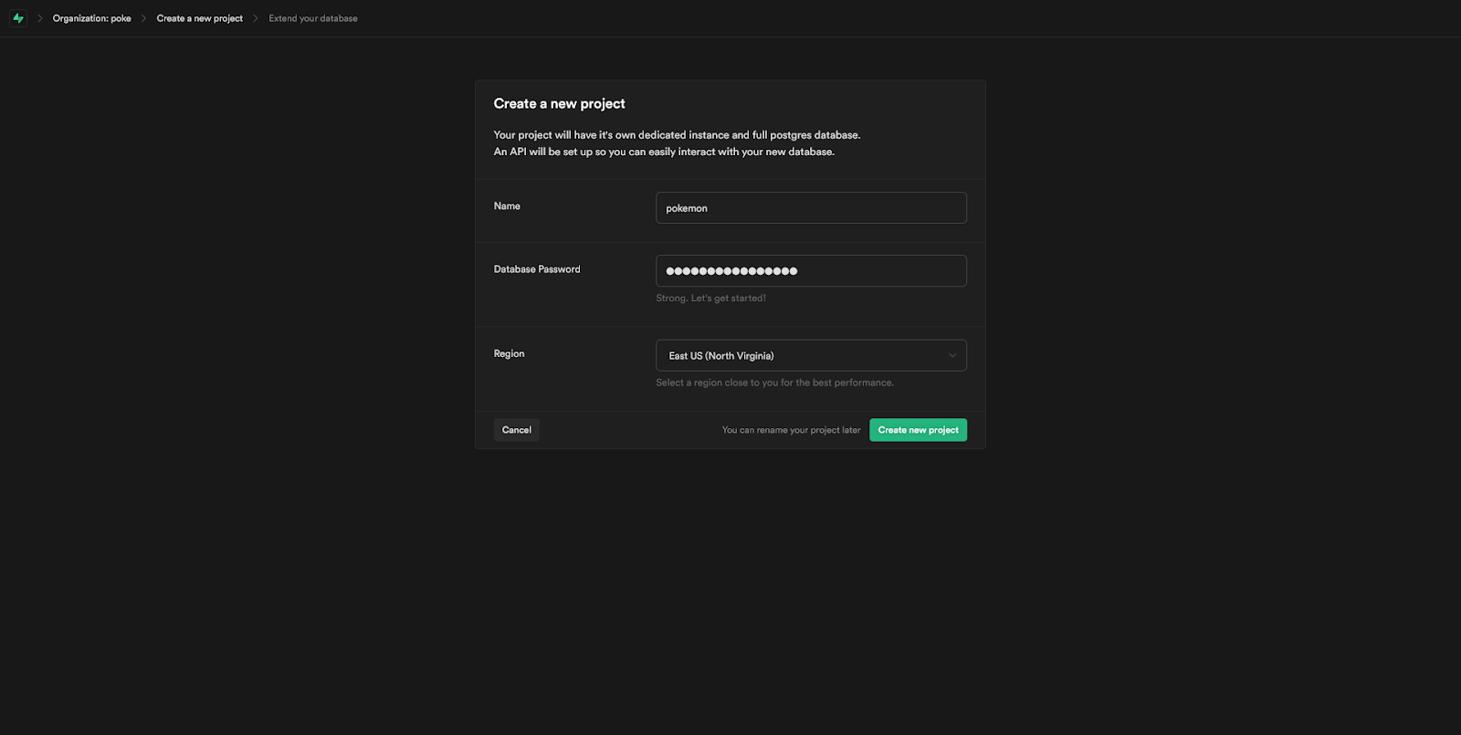 Screenshot of create new project screen in Supabase