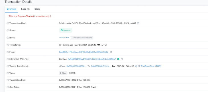 Newly Minted NFT Etherscan