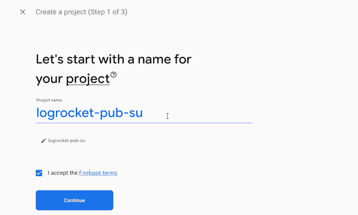 Gif of project creation process in Firebase