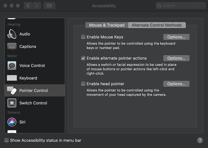 Screenshot of pointer control settings on a mac