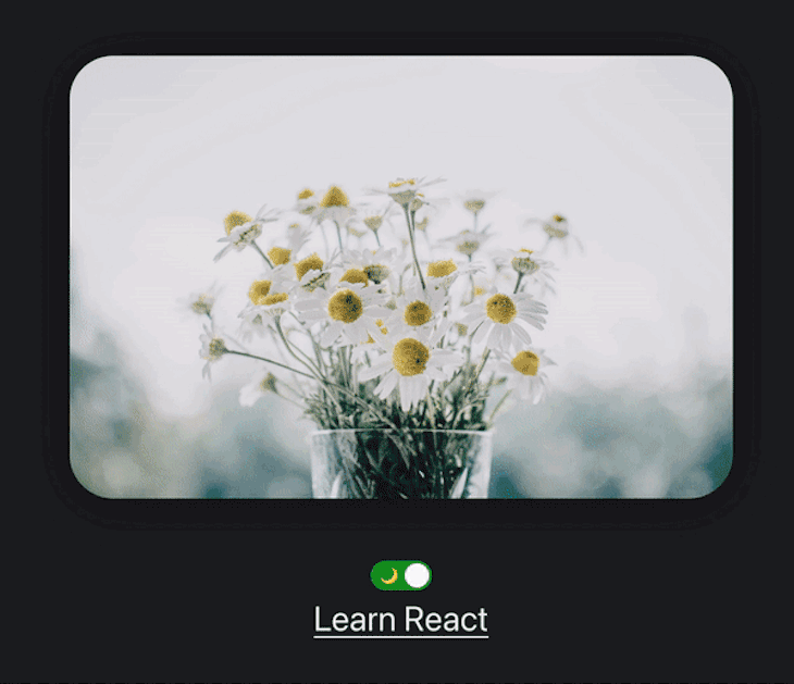 GIF of a React App With Dark Mode Toggling Under a Photo of Flowers