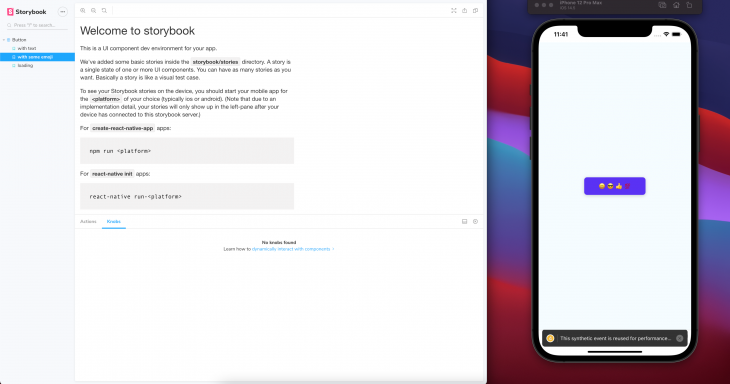 Example mobile app with Storybook and a button with emojis