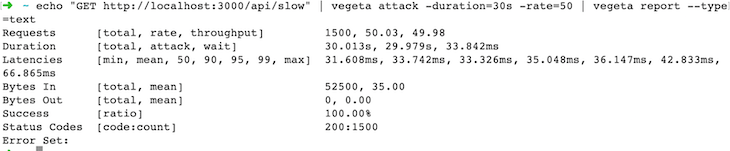 Screenshot of Vegeta test with better performance