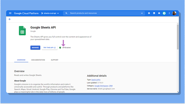 Enable the Google Sheets API