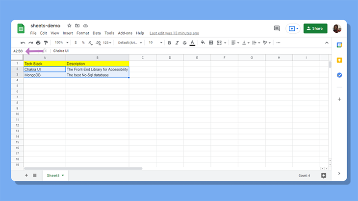 Select the range in your Google Sheet