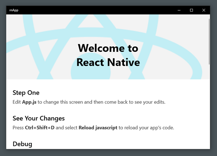 The initial auto-generated React Native app runs as a UWP app