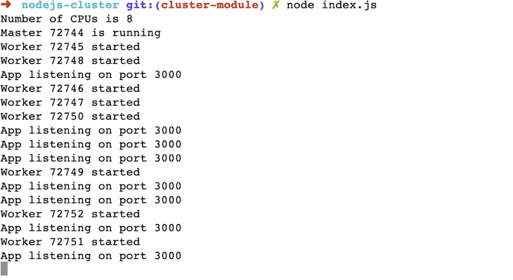 Screenshot of Nodejs cluster module