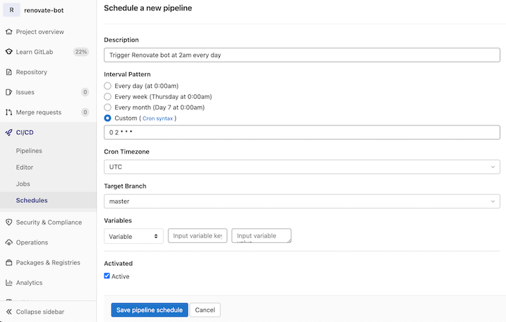 Page To Create A New Pipeline Schedule
