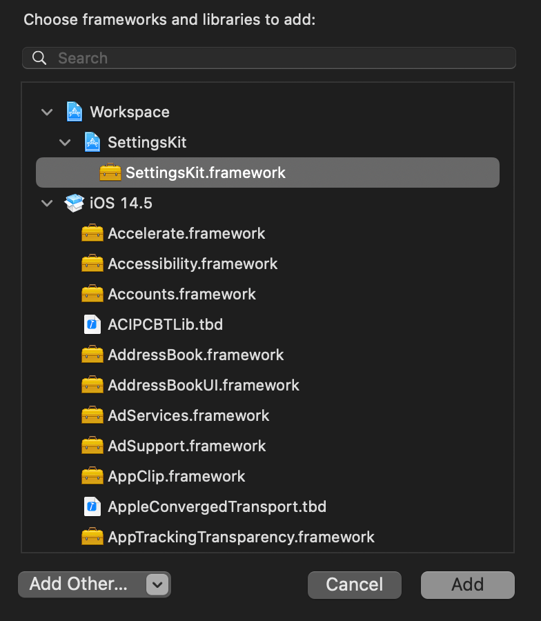 Xcode SettingsKit.framework