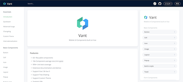 Screenshot of Vant homepage
