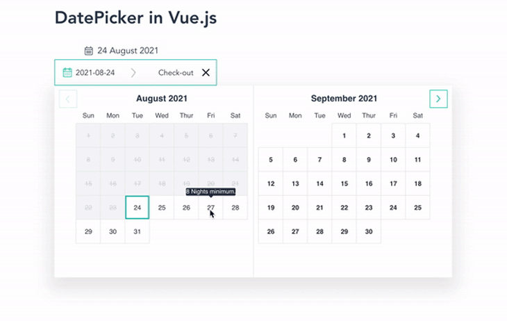 Vue Hotel Datepicker Set To Eight MinNights, Shows Selecting The Minimum Number Of Nights On The Rendered Calendar