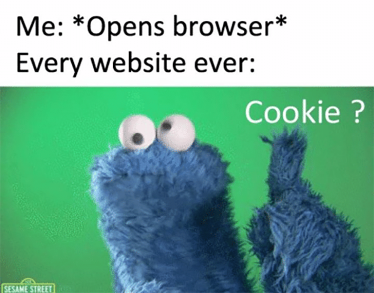 A meme about website cookie notifications featuring Cookie Monster