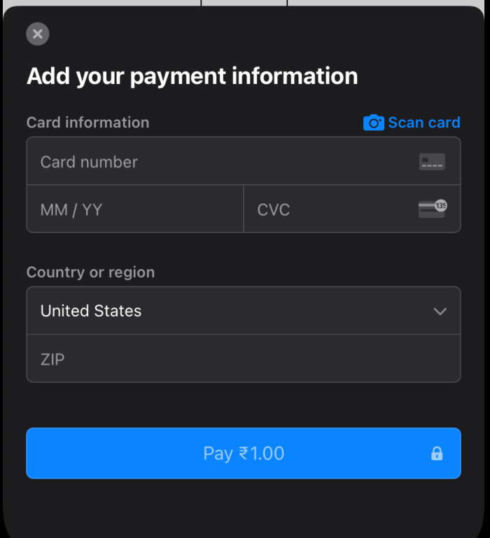 screenshot of a payment info screen for adding credit card info