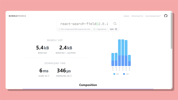 A BundlePhobia report on the React Search Field package on npm