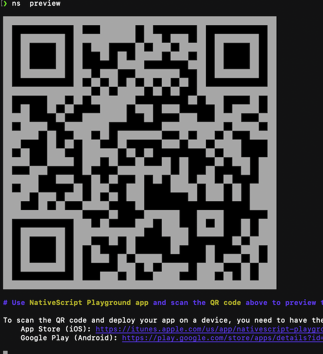 Scanning The QR Code From NativeScript Playground In The Terminal