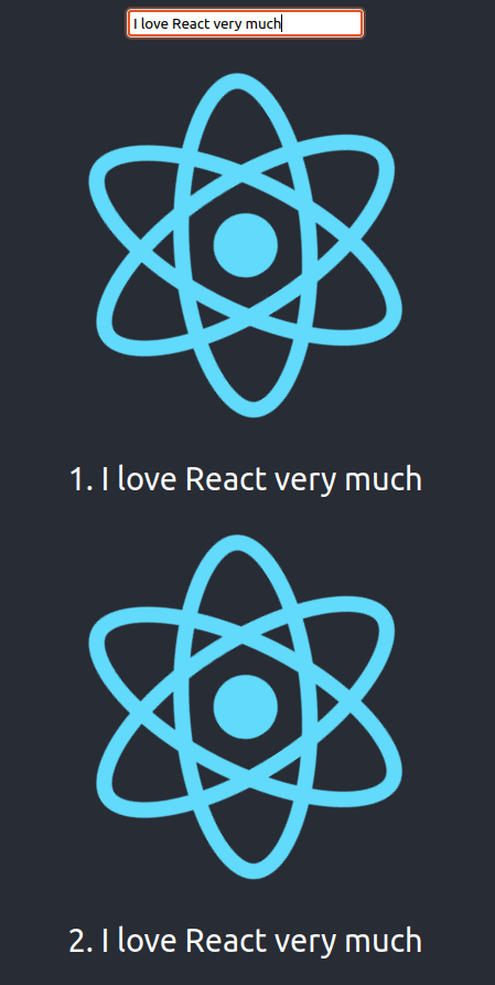 Screenshot of sample React app with searchbar that reads "I love React very much"