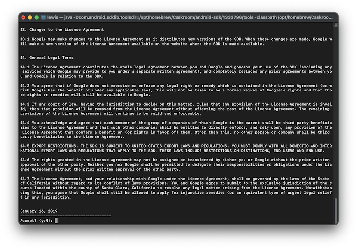 Android SDK Legalese To Accept Before Proceeding