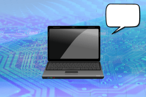 Laptop With Thought Bubble Over Blue Background