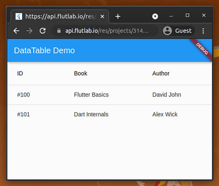 The book list in our DataTable demo