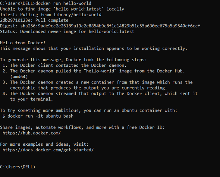 The expected output of the Hello World test with Docker