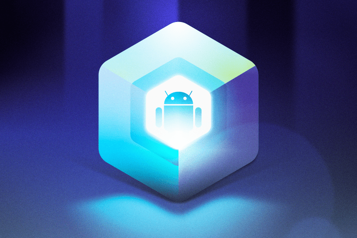 An Android Robot Inside a Blue Glowing Cube