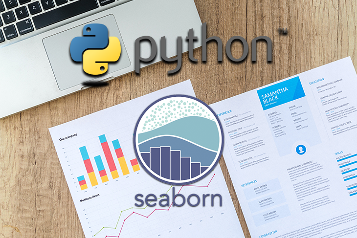 Python and Seaborn Logos Over a Desktop With Papers and Laptop