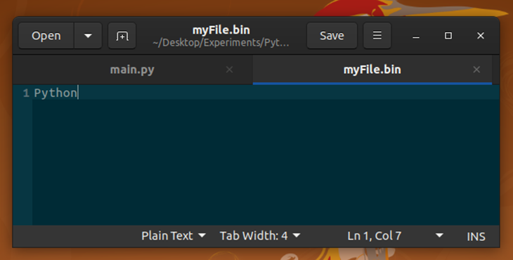 The view of the myFile.bin file