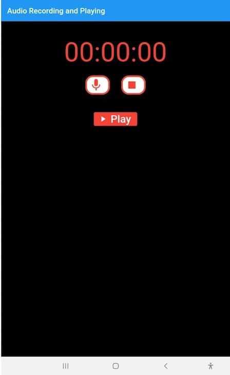 Final Audio Recorder And Player App With Red Timer, Stop, Start, And Record Buttons, And Blue Notification At Top That Says "Audio Recording And Playing"