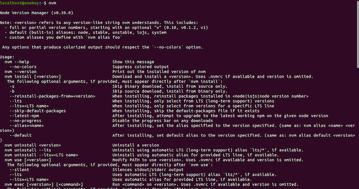 NVM Installed Showcasing The Commands In The CLI