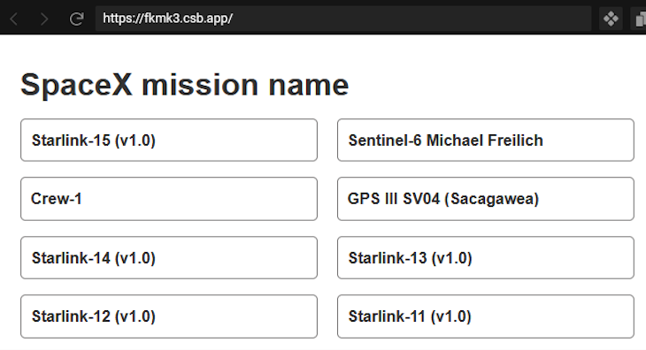 Rendering The SpaceX Data In The App's Frontend, Showing The List Of Mission Names