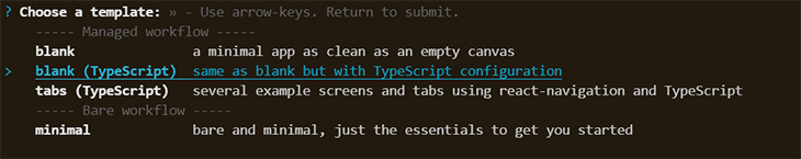 Choose the TypeScript React Native template