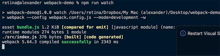 The output of our npm run watch command