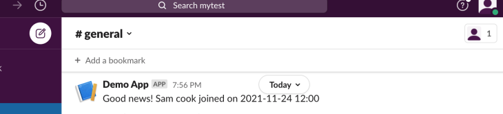 The Slack channel message upon successful user creation