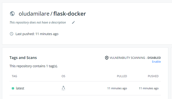 The results page upon successful deployment to Docker hub