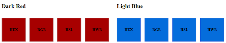 Showing Colors Rendered In HEX, RGB, HSL, And HWB, Dark Red On The Left And Light Blue On The Right