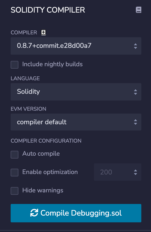 Screenshot of Solidity compiler