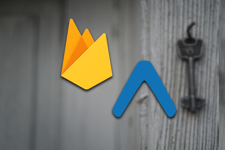 Firebase Logo and Expo Logo Over a Wooden Door Background