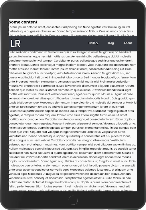 Tablet Device Showing Lorem Ipsum Text With Dark Grey Navbar With Fixed Positioning Shown In Initial Page Position Overlapping Webpage Content