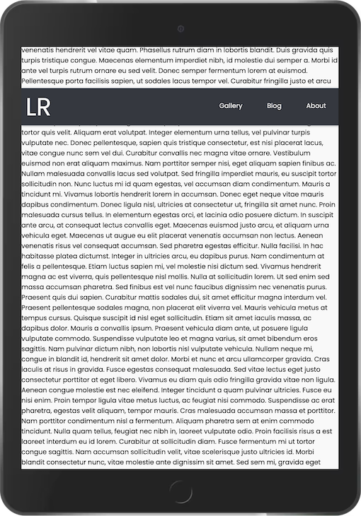 Tablet Device Showing Lorem Ipsum Text With Dark Grey Navbar Shown In Fixed Position After Page Scroll Still Overlapping Webpage Content