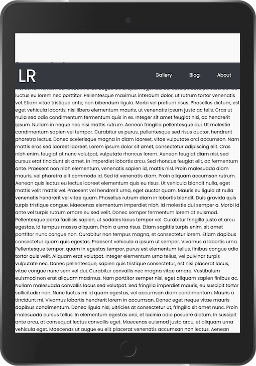 Tablet Device Showing Lorem Ipsum Text With Dark Grey Navbar With Relative Positioning Shown In Initial Page Position Overlapping Webpage Content