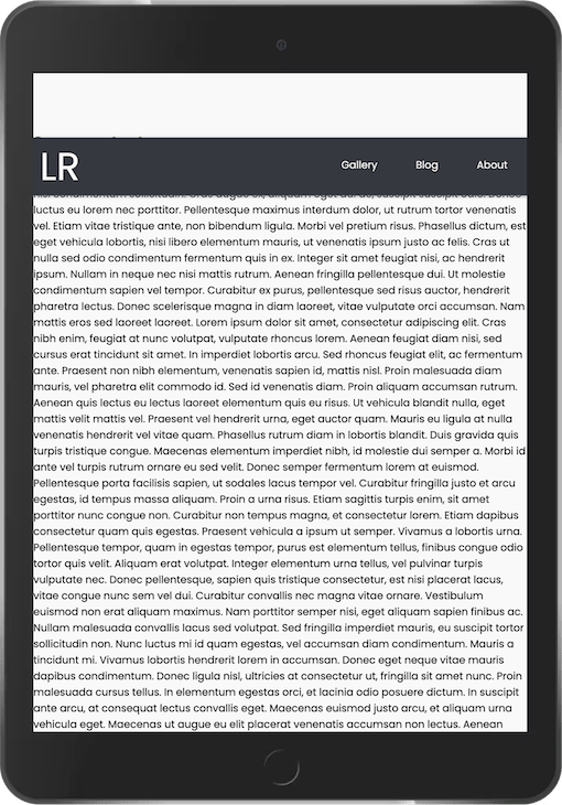 Tablet Device Showing Lorem Ipsum Text With Dark Grey Navbar With Relative Positioning Shown In Initial Page Position Overlapping Webpage Content