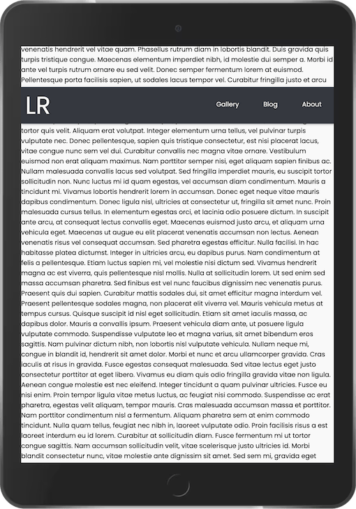 Tablet Device Showing Lorem Ipsum Text With Dark Grey Navbar Shown In Sticky Page Position Overlapping Webpage Content After Scroll