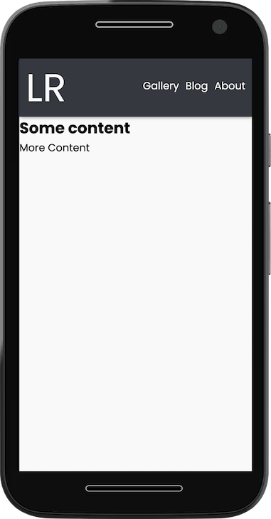 Smartphone Screen With Sample App Showing Horizontal Mobile Navbar With Site Logo And Three Menu Items: Gallery, Blog, About. Space Below Is White With Black Dummy Text.